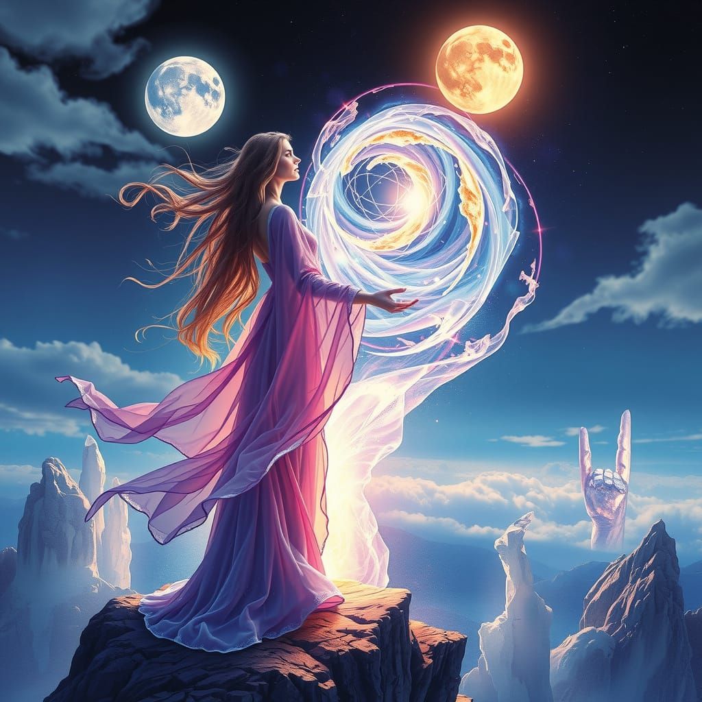 Ethereal Sorceress Conjures Light Vortex in Surreal Landscap...