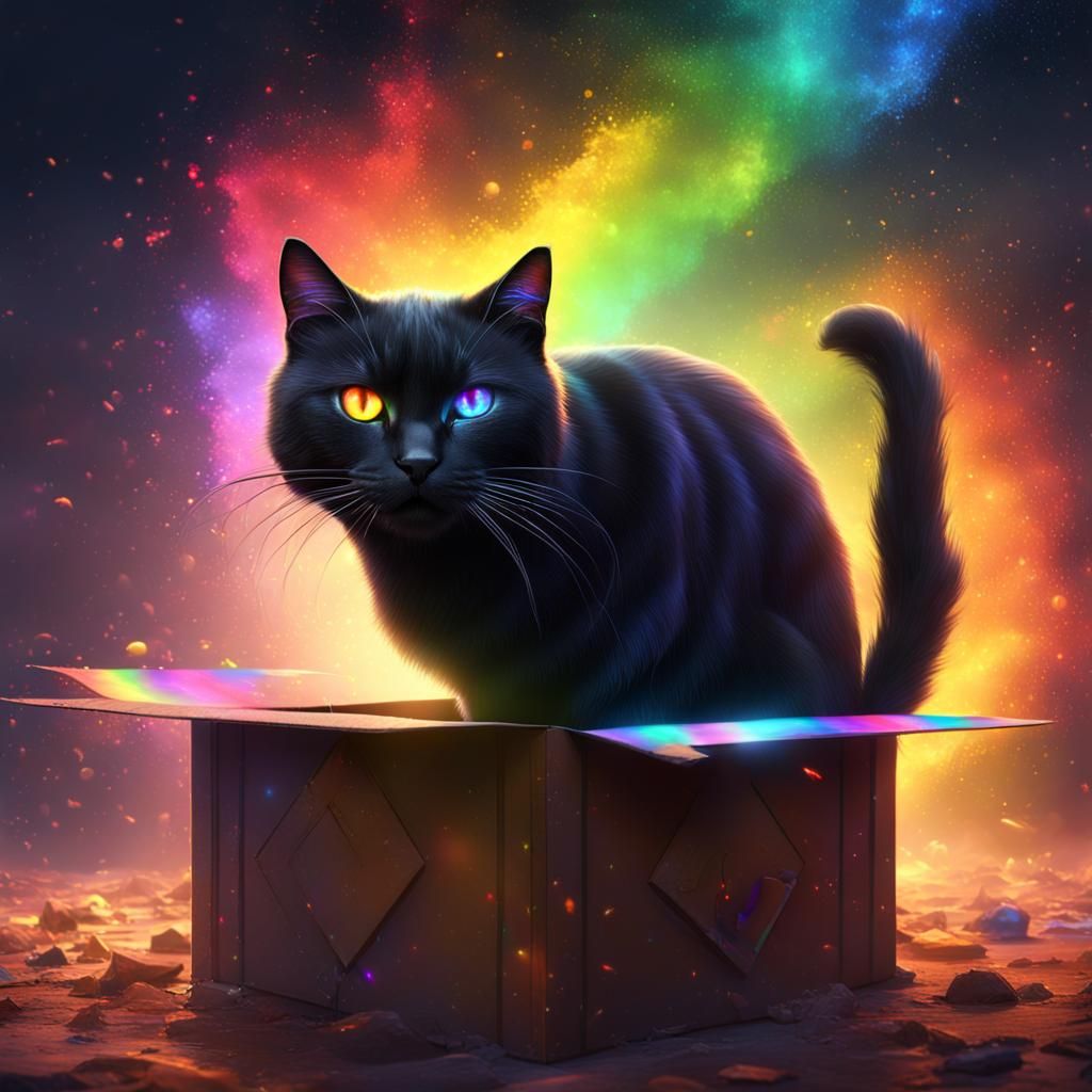 Black Cat in Box with Rainbow Eyes