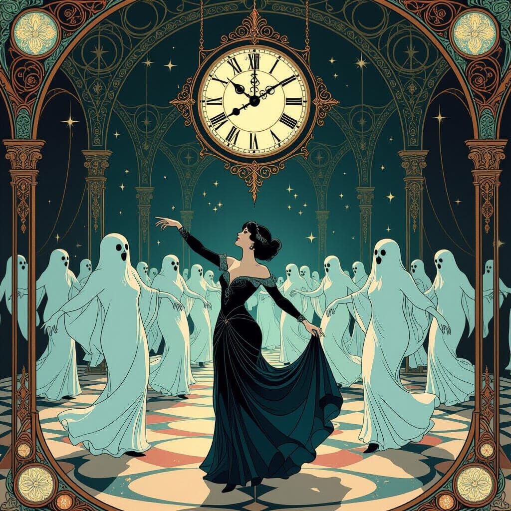 Ghosts Dancing in Haunted Hallway with New Years Clock