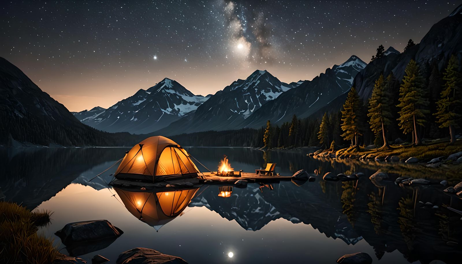 Romantic Moonlight Camping Setup by Lake