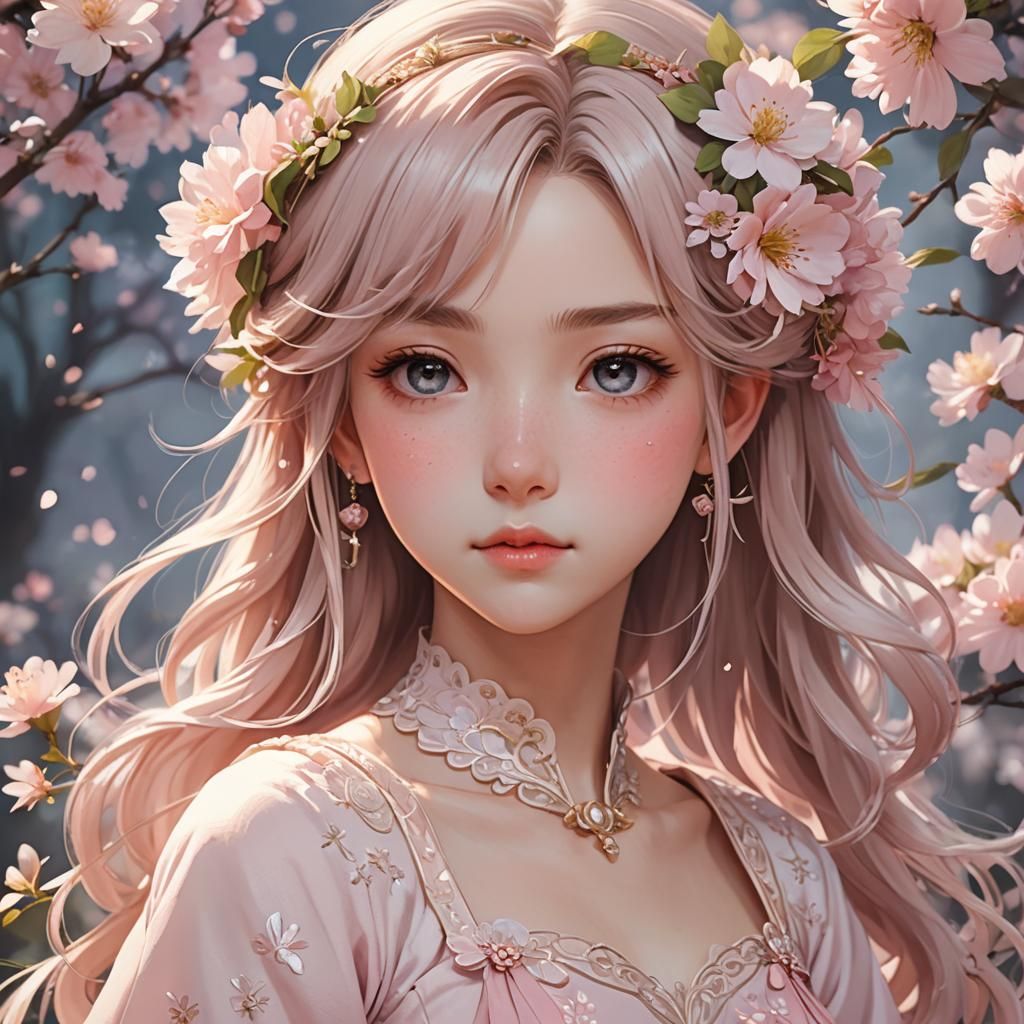 Anime Portrait of a Girl with Flowers in Hair