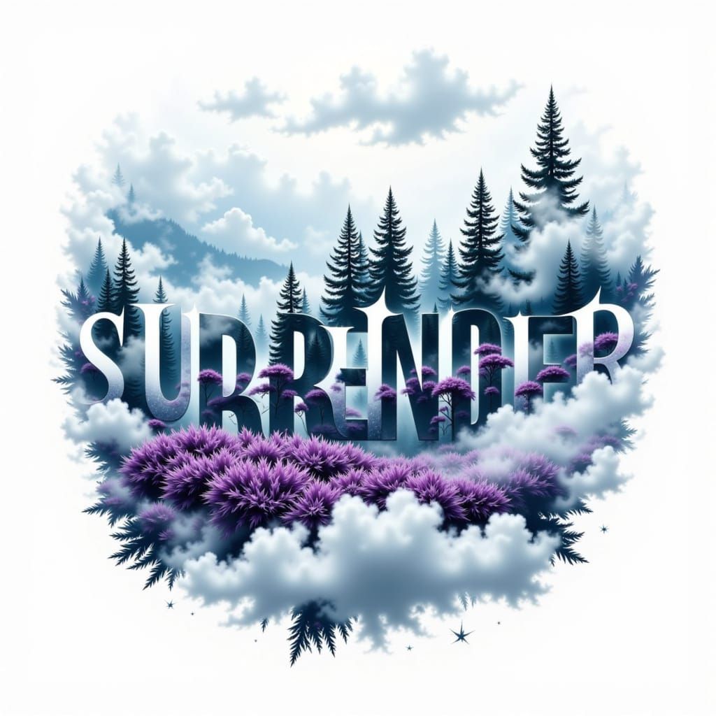 Surrender Typography Blended with Surreal Purple Landscape