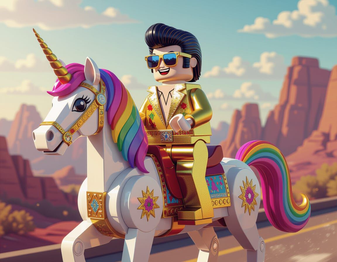 Lego Elvis on Unicorn: Colorful Digital Art