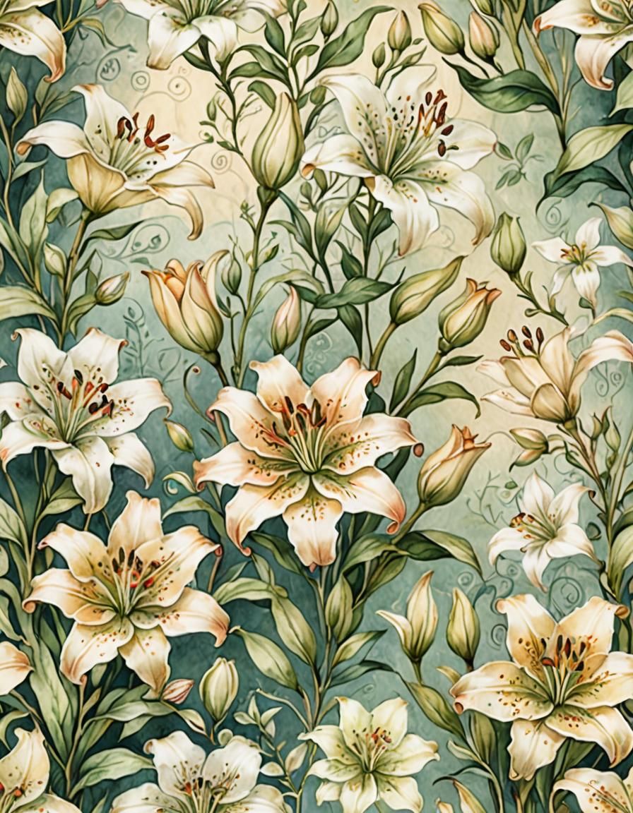 Vintage Lilies and Jasmine Watercolor Illustration