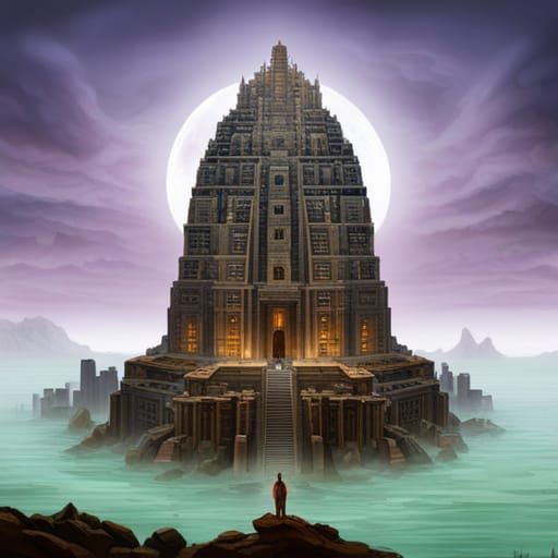 Cyberpunk Aztec Temple with Waterfalls and Eclipse