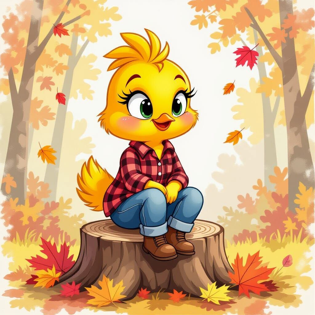 Grumpy Chick in Autumn, Watercolor Cartoon