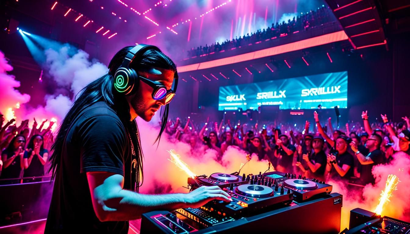 DJ Skrillex delivering his greatest hits to an ecstatic danc...