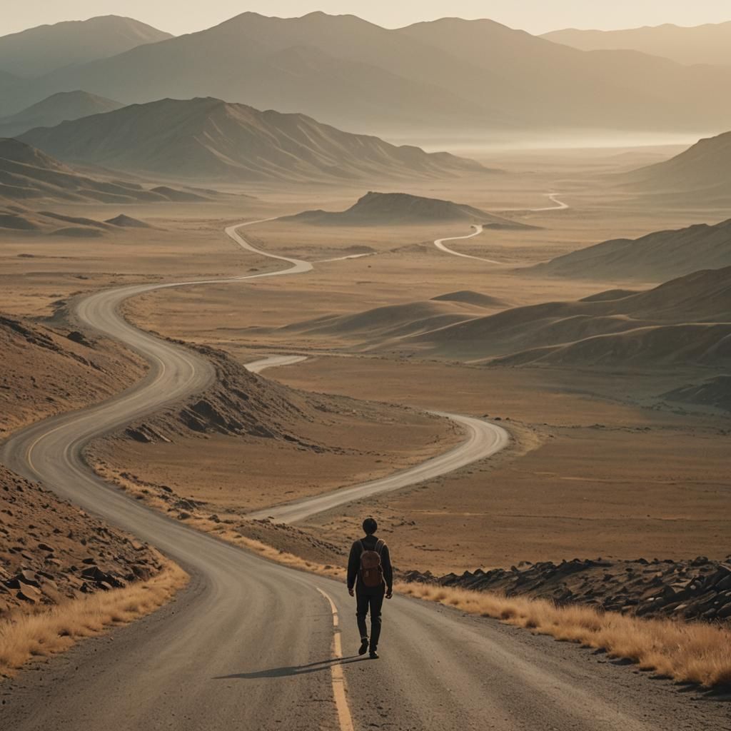 Lone Traveler on Desolate Road in Cinematic Style