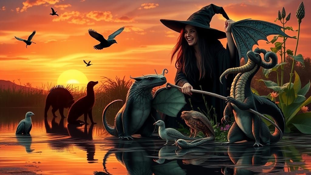 Mystical Creatures and Dark Witch at Sunset