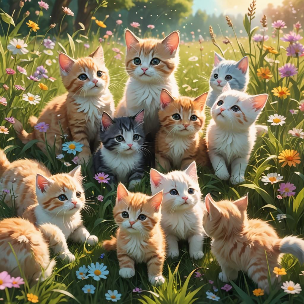 Kittens and Rabbits Playing: Whimsical Digital Art