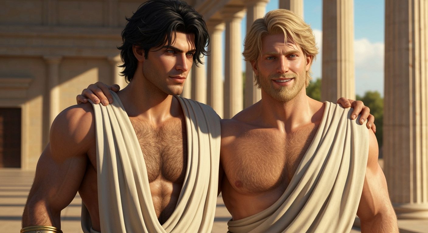 Youthful Greek God with Friend in Sunlit Courtyard