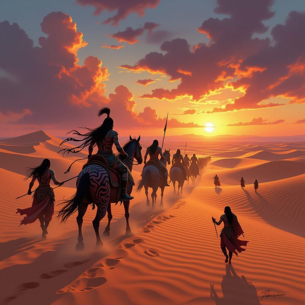 Living Tattoo Caravan Battles Sandstorm on Molten Glass Dese...