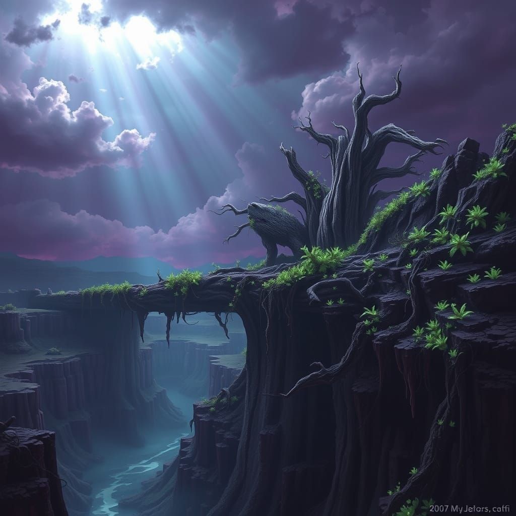 Colossal Petrified Dam in Canyon, Dark Fantasy Concept Art