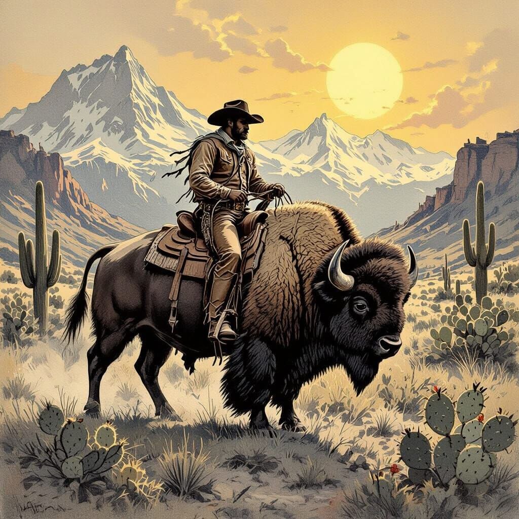 Cowboy Rides Bison in Pencil Sketch Landscape