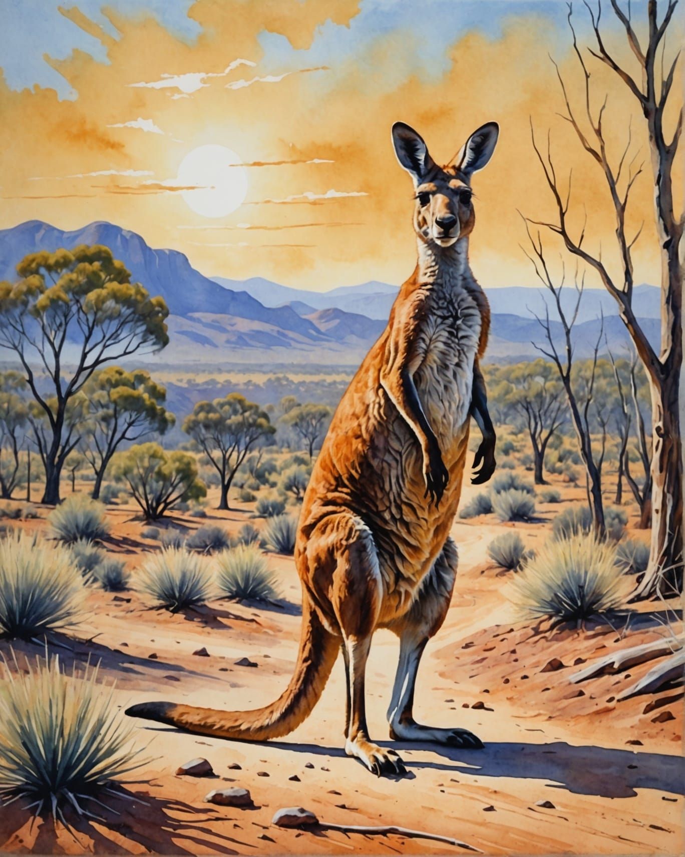 Kangaroo in Outback as Gouache Impressionist Painting