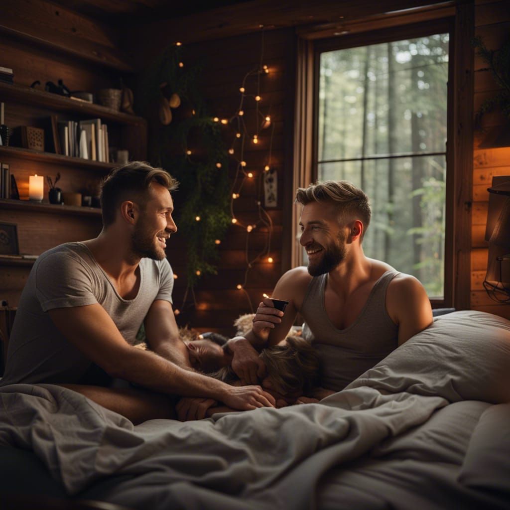 Two Men Enjoying Cozy Time in Forest Bedroom