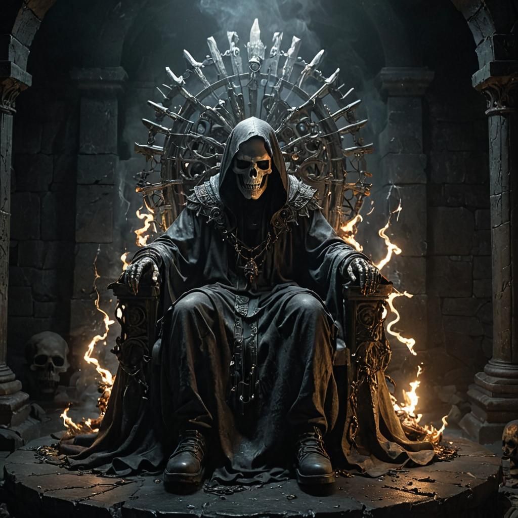 Ectoplasmic Figure on Metal Throne in Dark Chamber