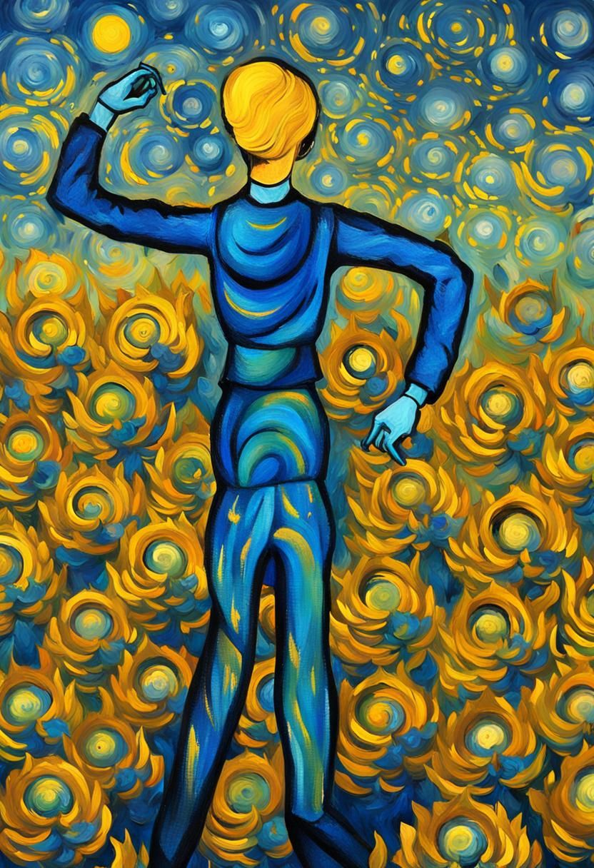 Woman in Sunflower Field Under Starry Sky as Expressionist P...