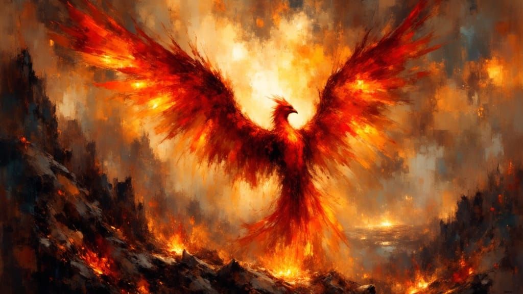 Fiery Phoenix Rises from Volcanic Ashes in Digital Painting