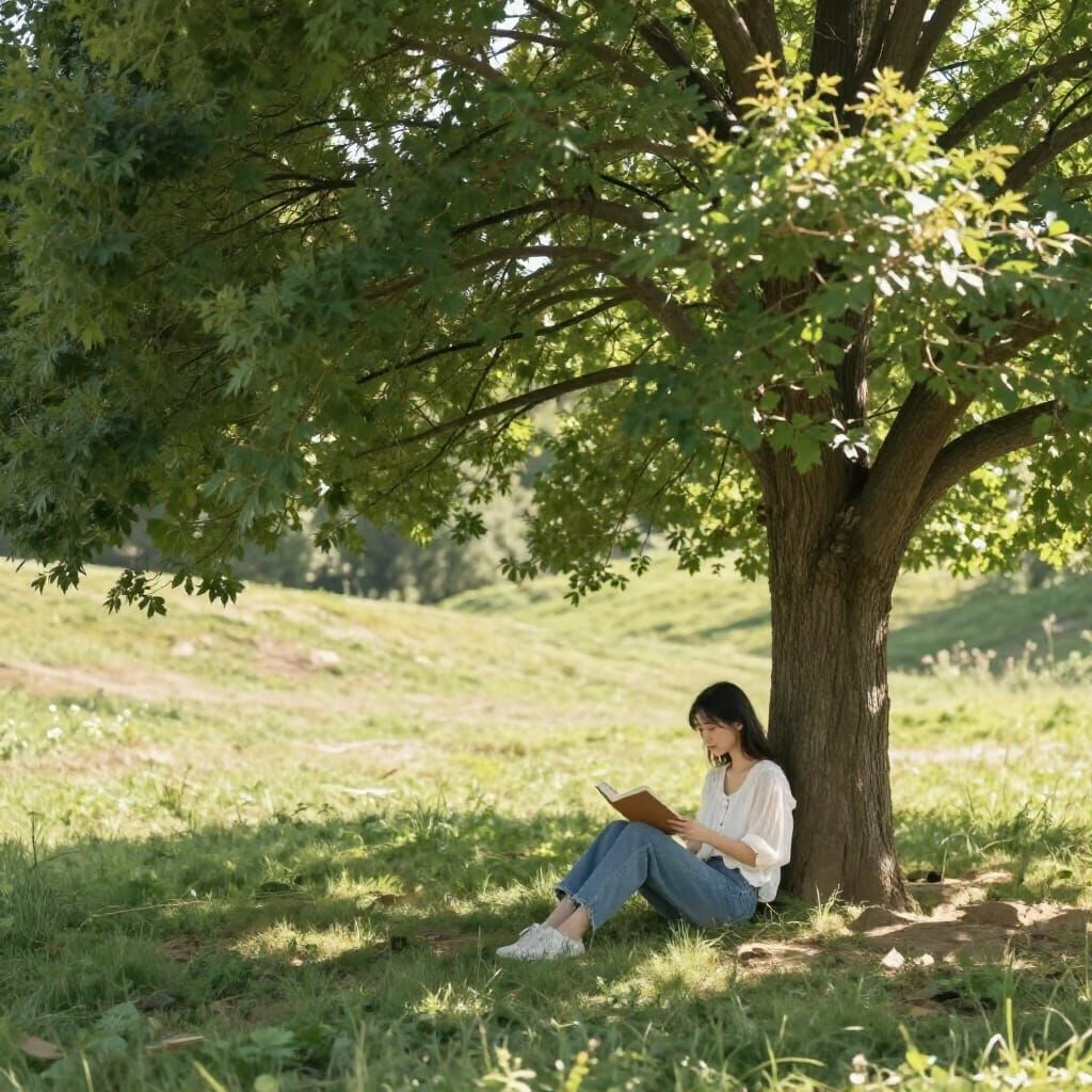 Serene Woman Reading Under Tree in Sun-Drenched Landscape
