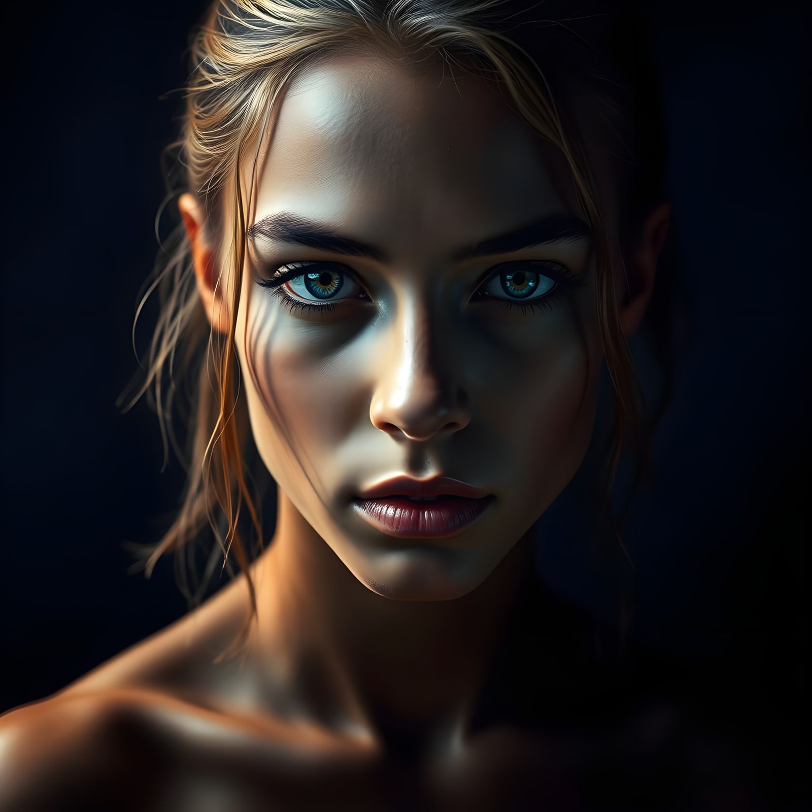 Glowing Young Woman in Multiple Poses, Bronze and Orange Hai...