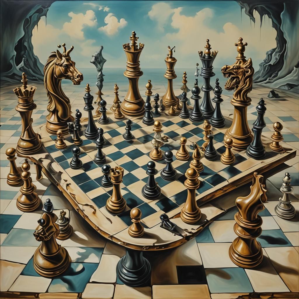 A chess table with surreal pieces in a Dalí's surrealistic scenario