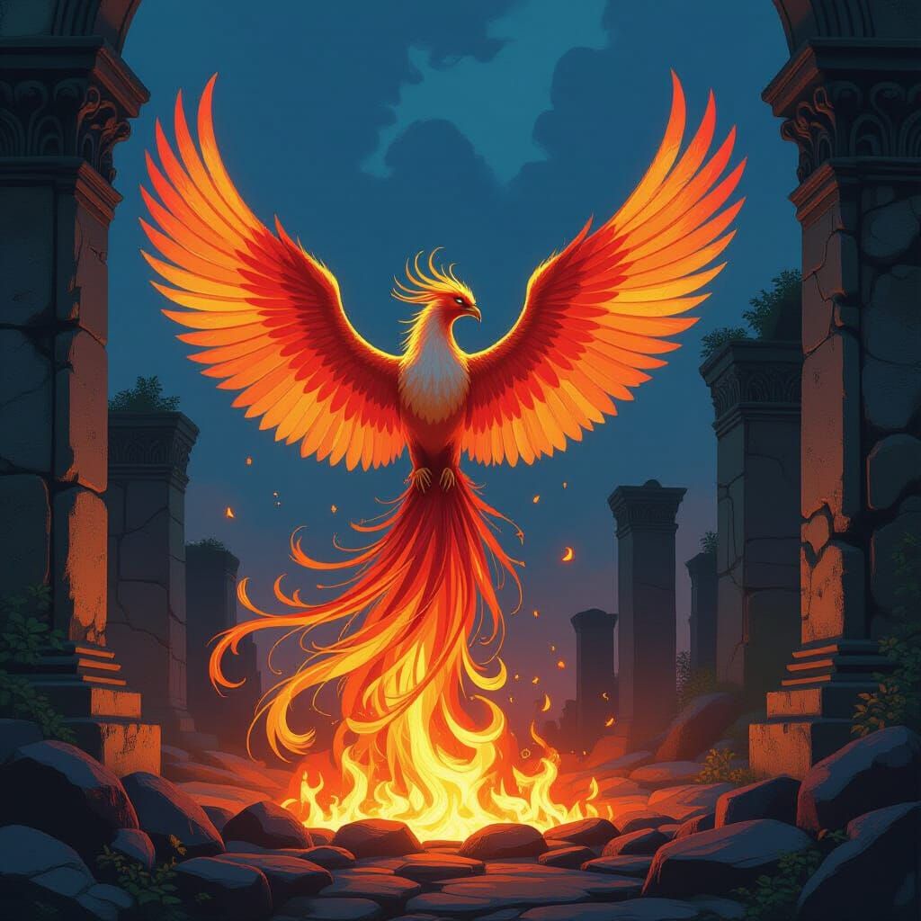 Majestic Phoenix Rises from Embers in Fantasy Art Nouveau St...