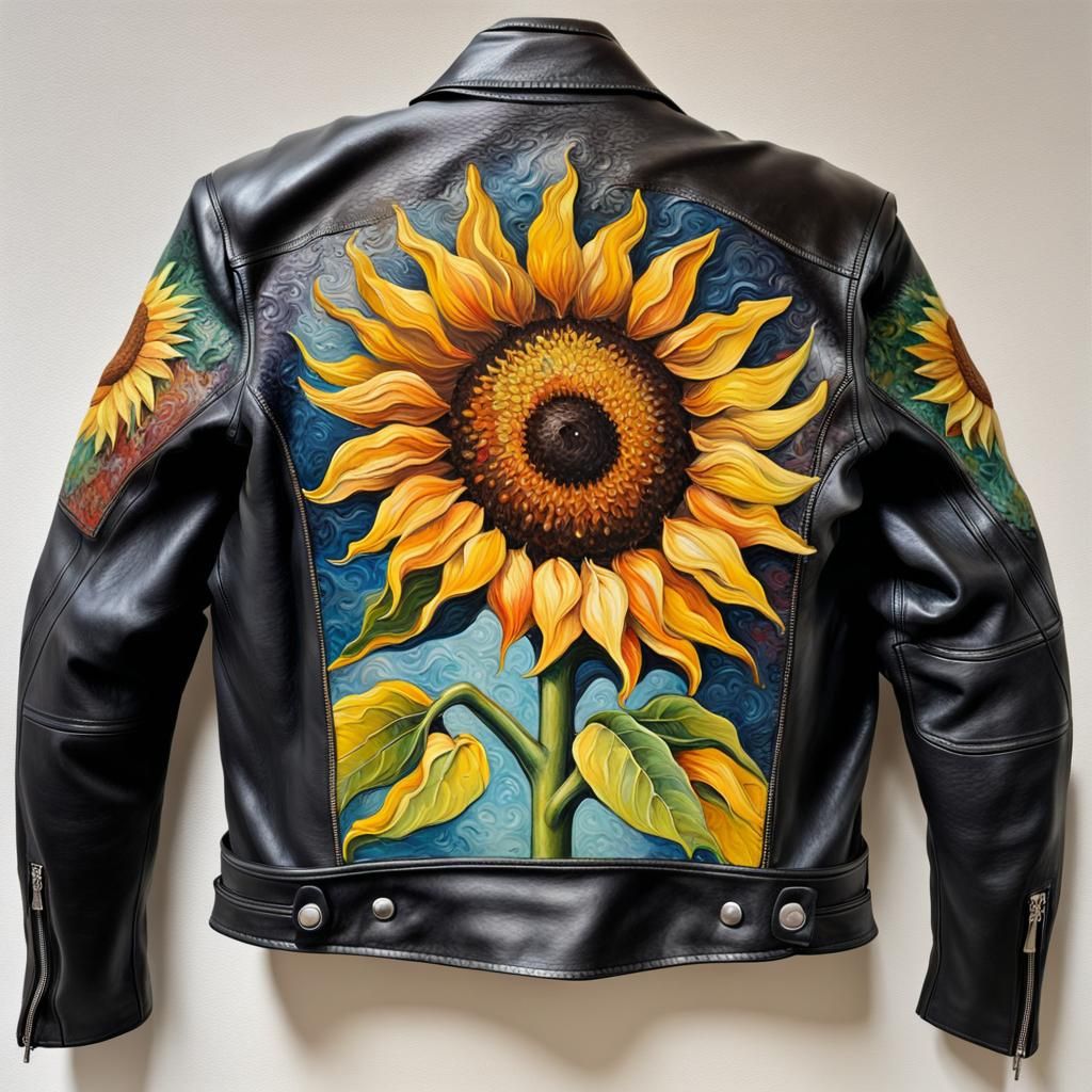 Sunflower Jacket: Expressionist Oil Painting on Leather