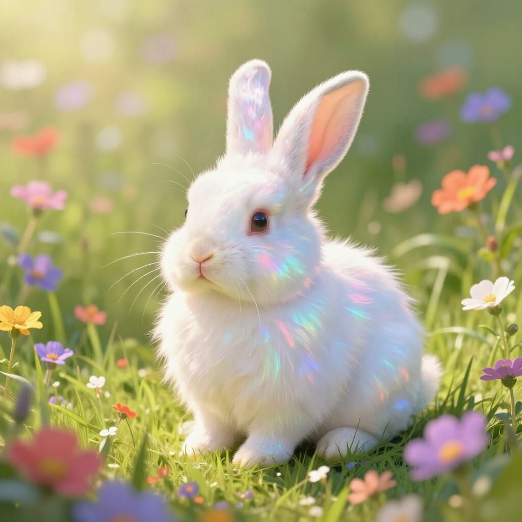 Iridescent Rainbow Bunny in Wildflower Field