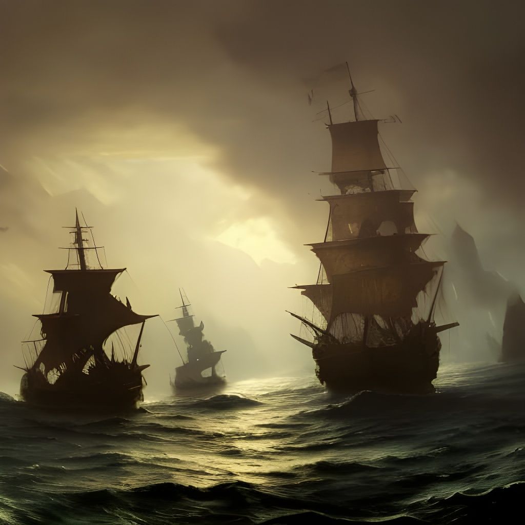 Pirate Ship Battle Scene in Dark Fantasy Style