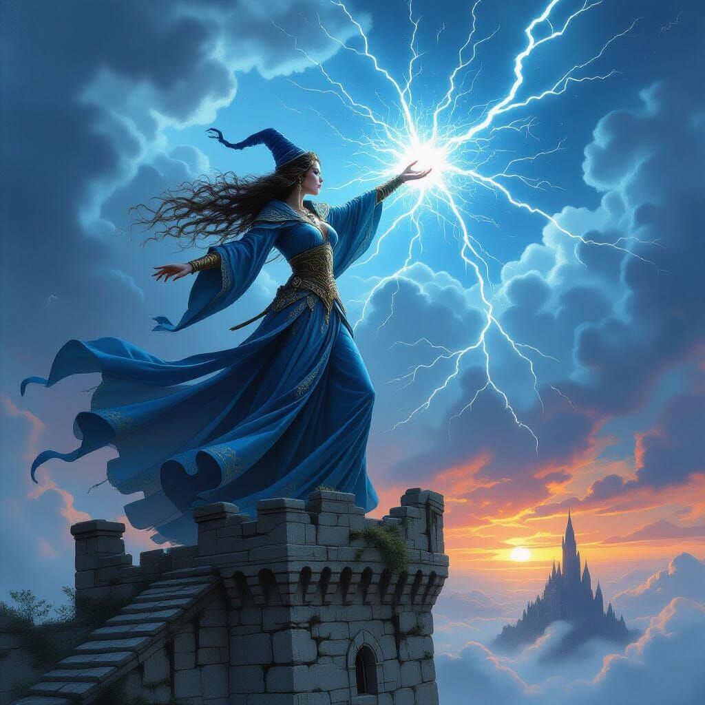 Mysterious Mage Conjuring Lightning in Fantasy Oil Painting ...