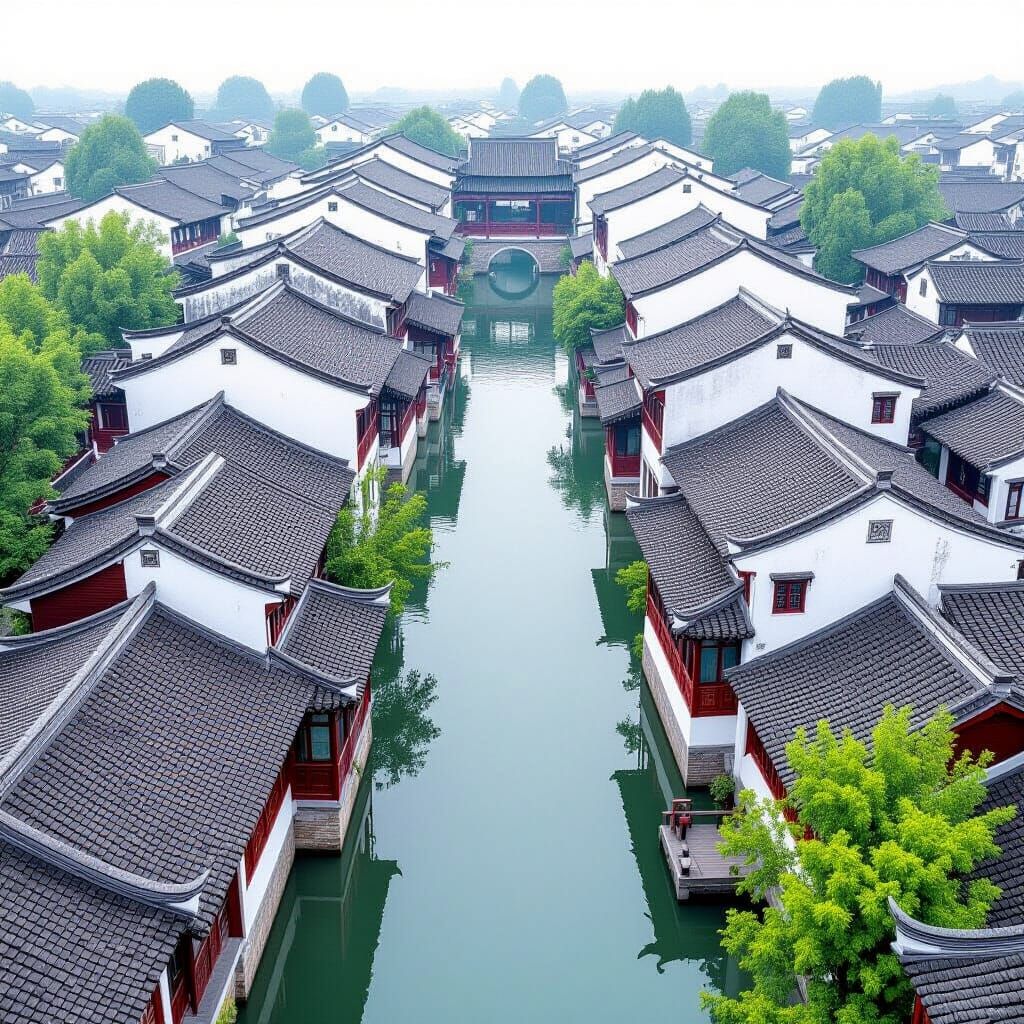 Zhujiajiao Ancient Town Aerial View in Digital Painting Styl...