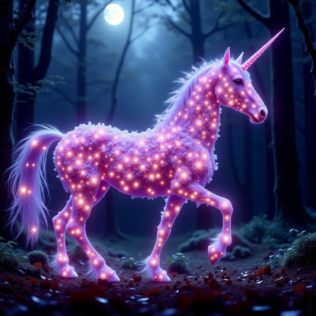 Bioluminescent Floral Unicorn in Moonlit Forest
