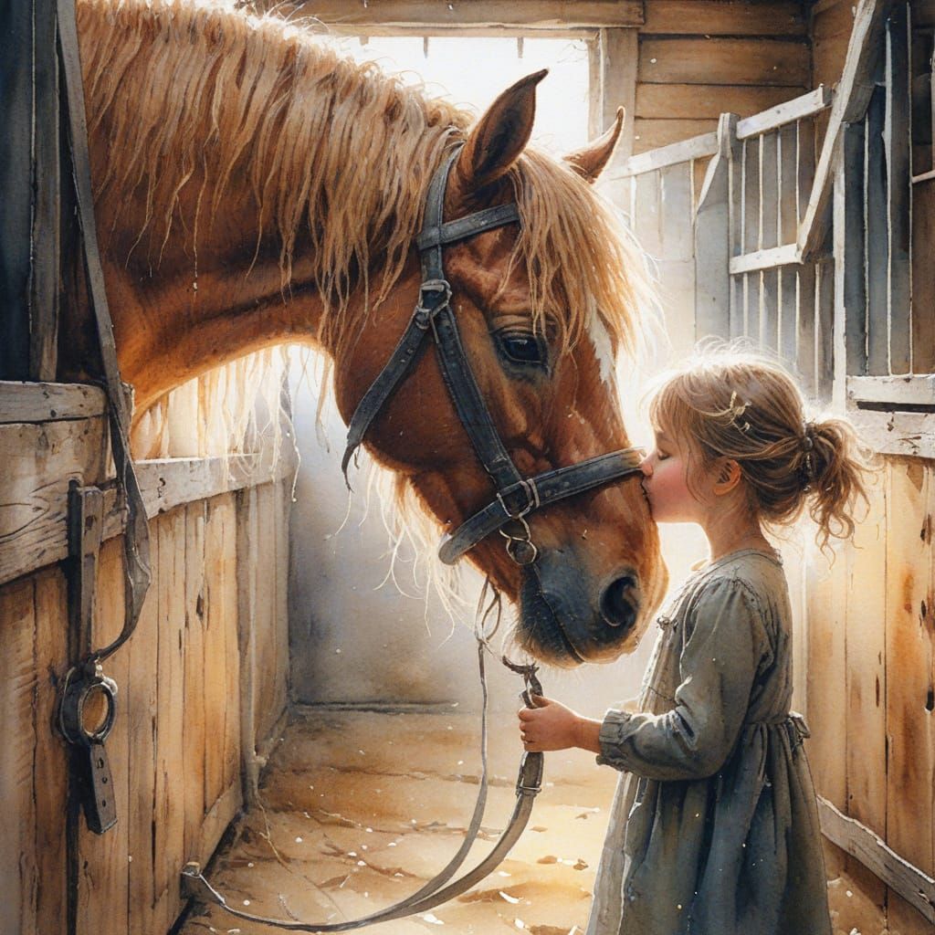 little girl is kissing a horse