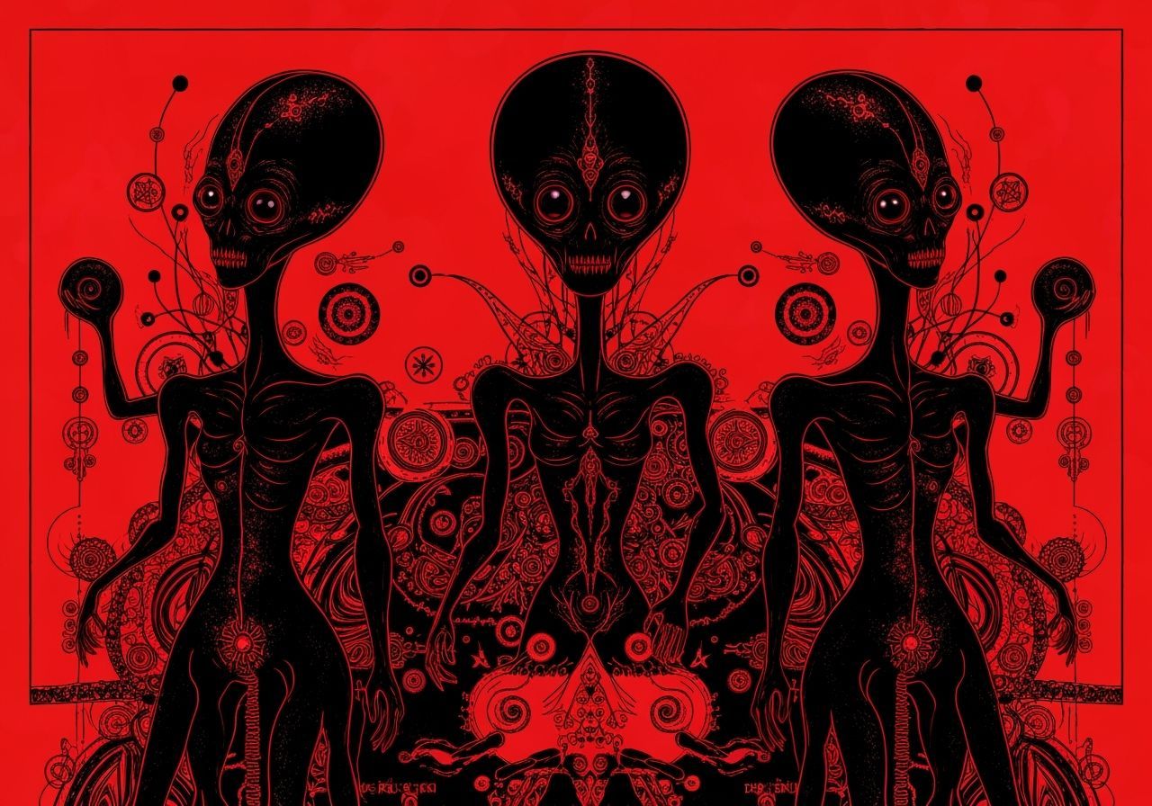 Abstract Alien Figures in Psychedelic Biomechanical Style