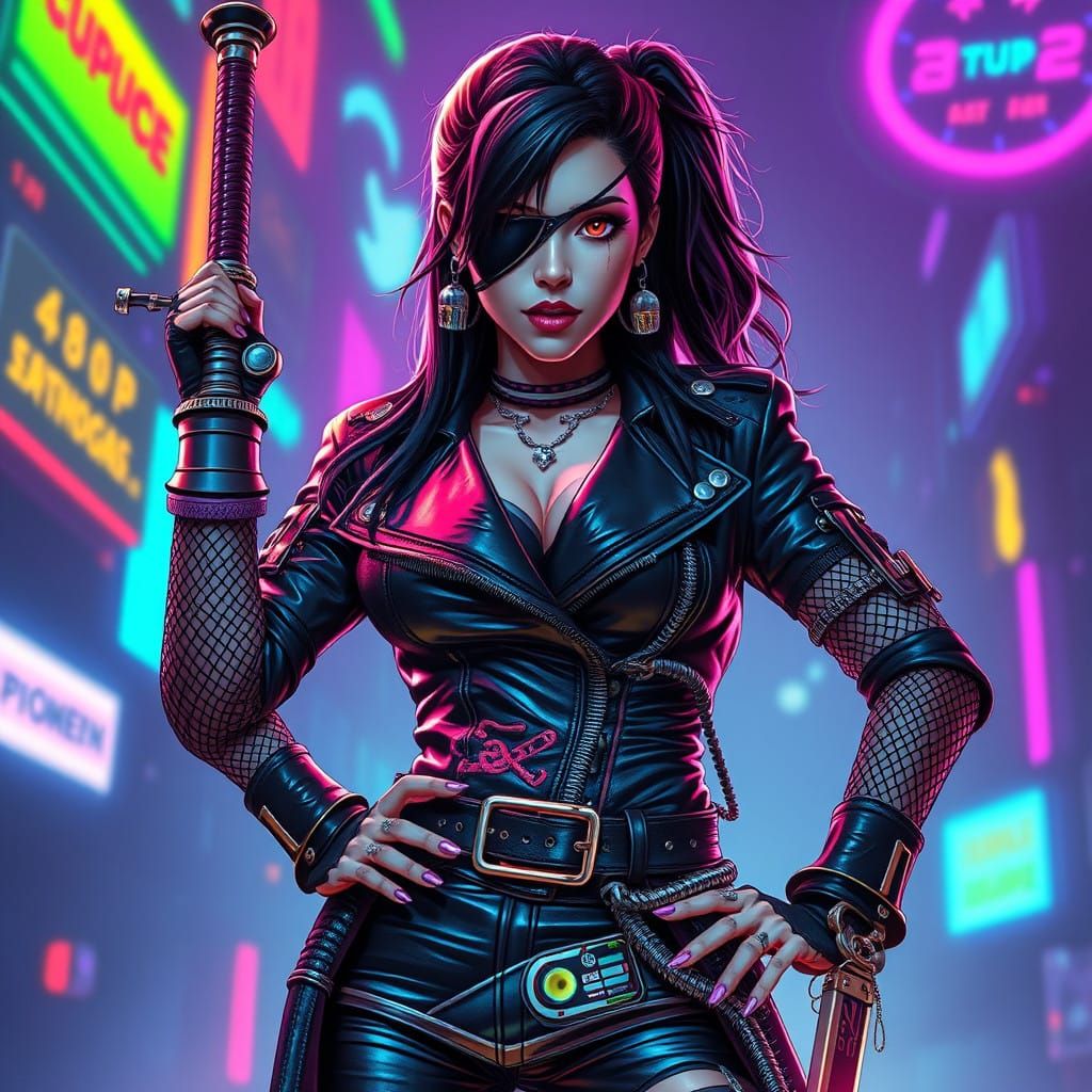 Cyberpunk Space Pirate Queen in Synthwave Neon