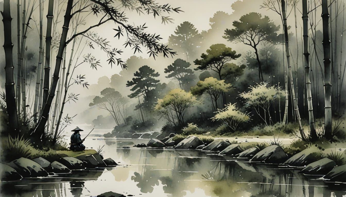 Samurai Meditating in Bamboo Forest as Sumi-e Painting