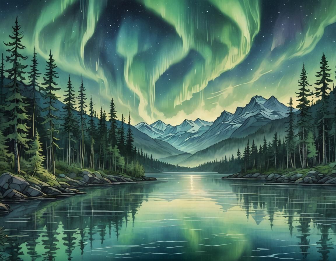 Northern Lights Landscape in Arthur Rackham Style