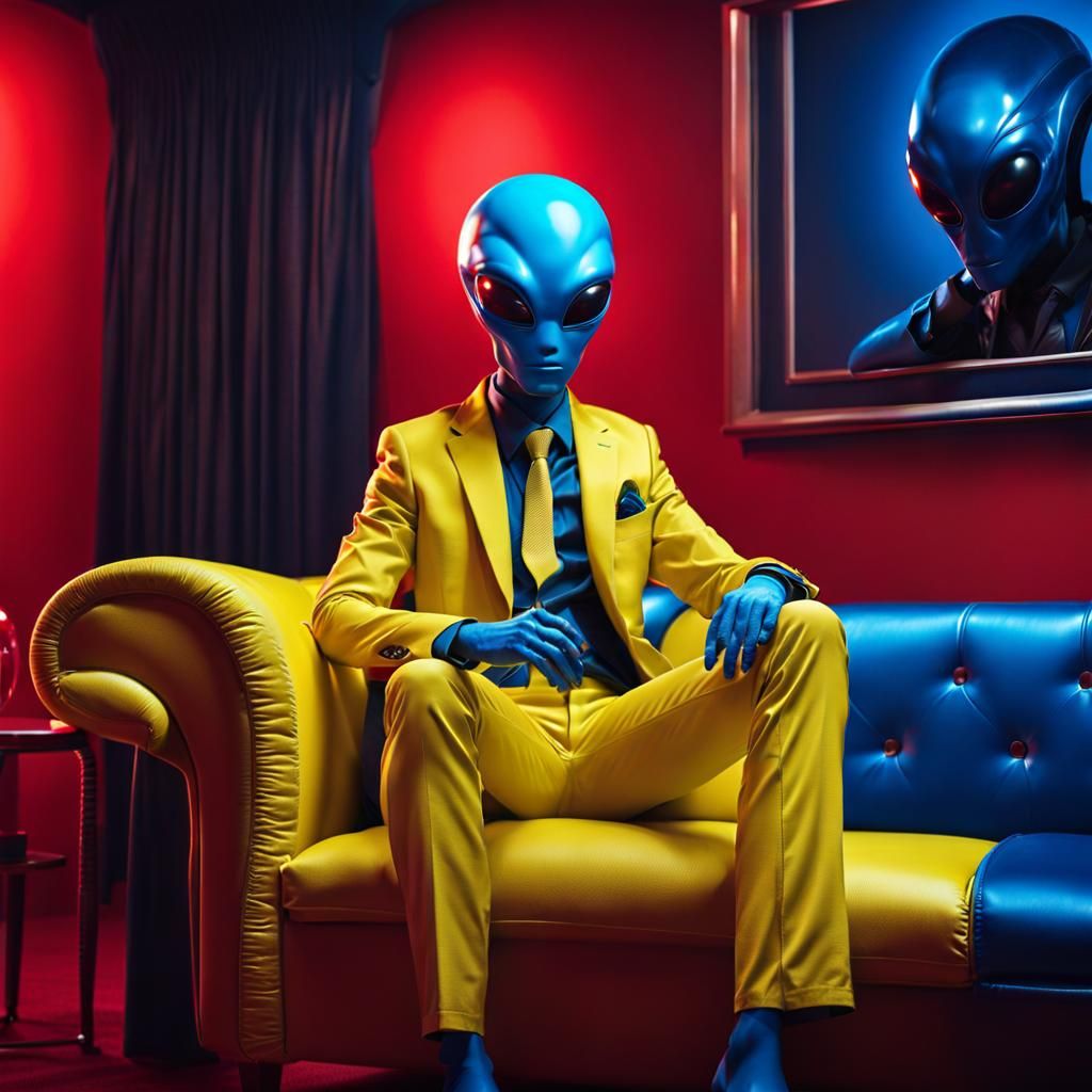 Blue Alien in Yellow Suit on Red Sofa