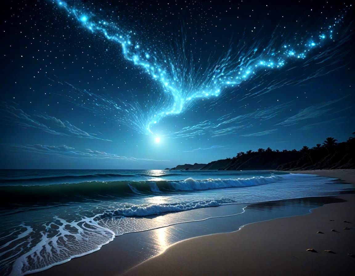 Bioluminescent Waves on a Starry Night Seascape