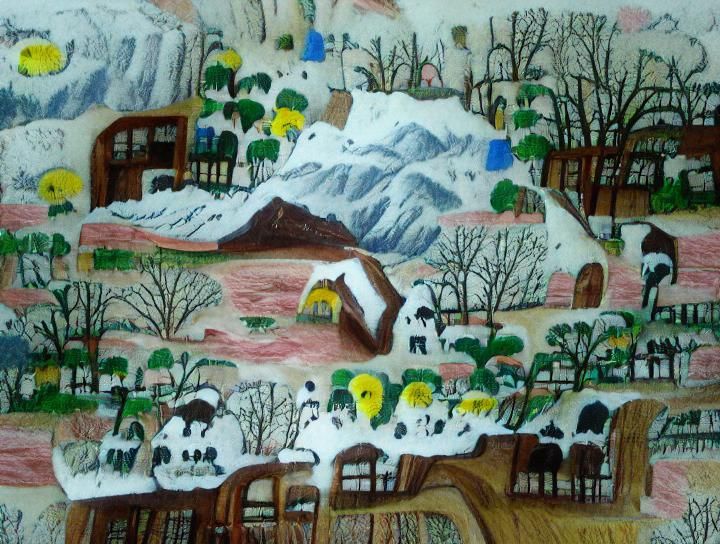 Snowy Alpine Country House in Naive Watercolor Style
