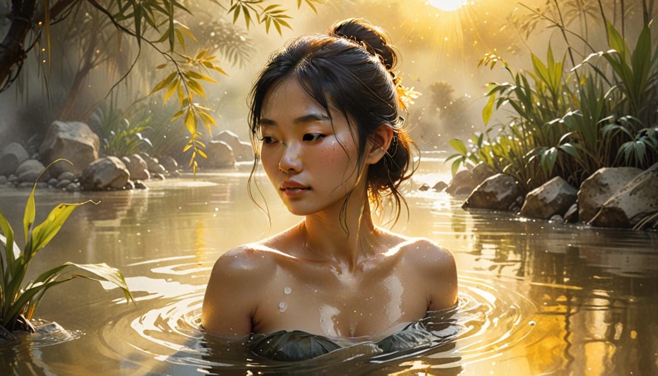 Chinese Woman Bathes in River: Vibrant Watercolor Art