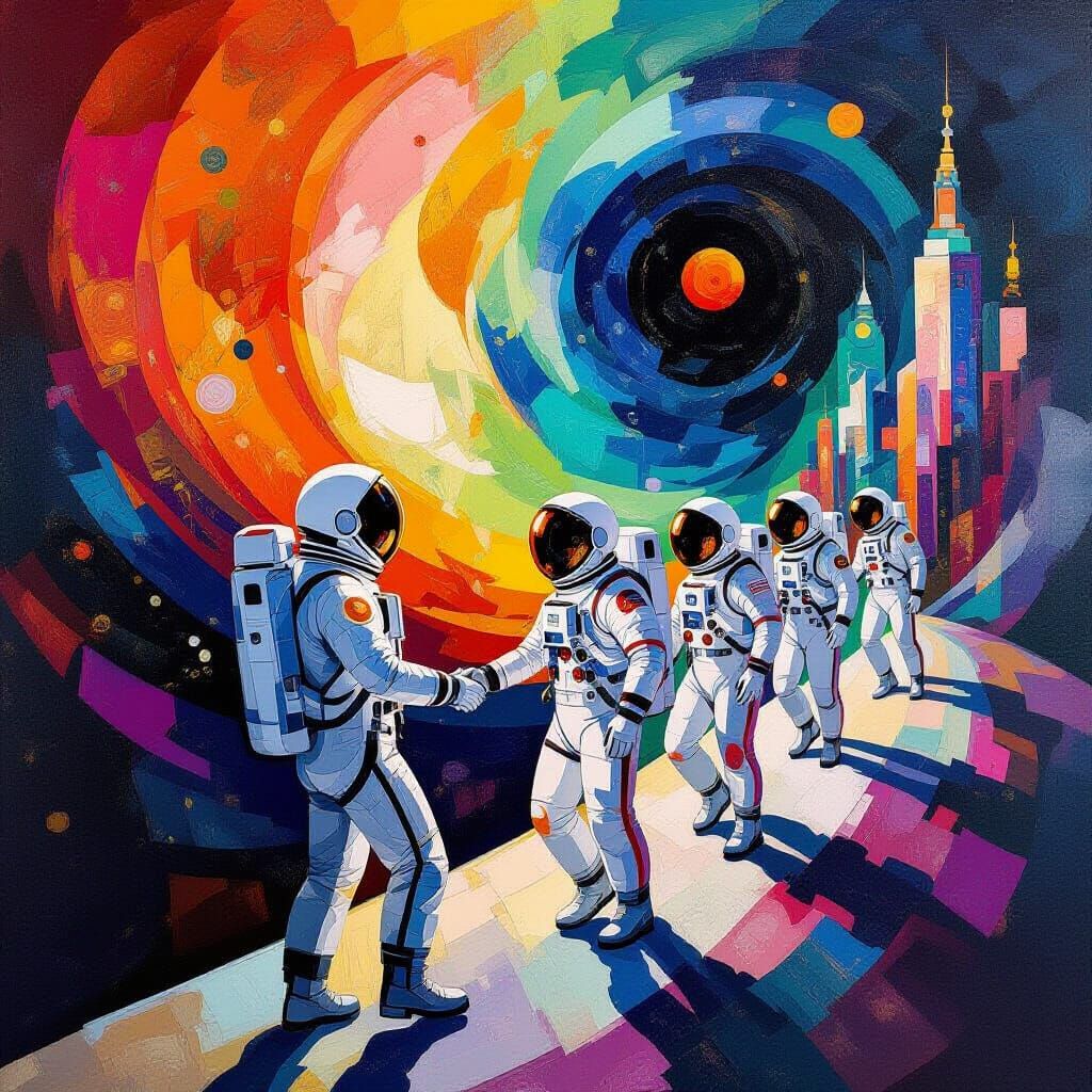 Astronauts Return to Vibrant Abstract Earth Cityscape