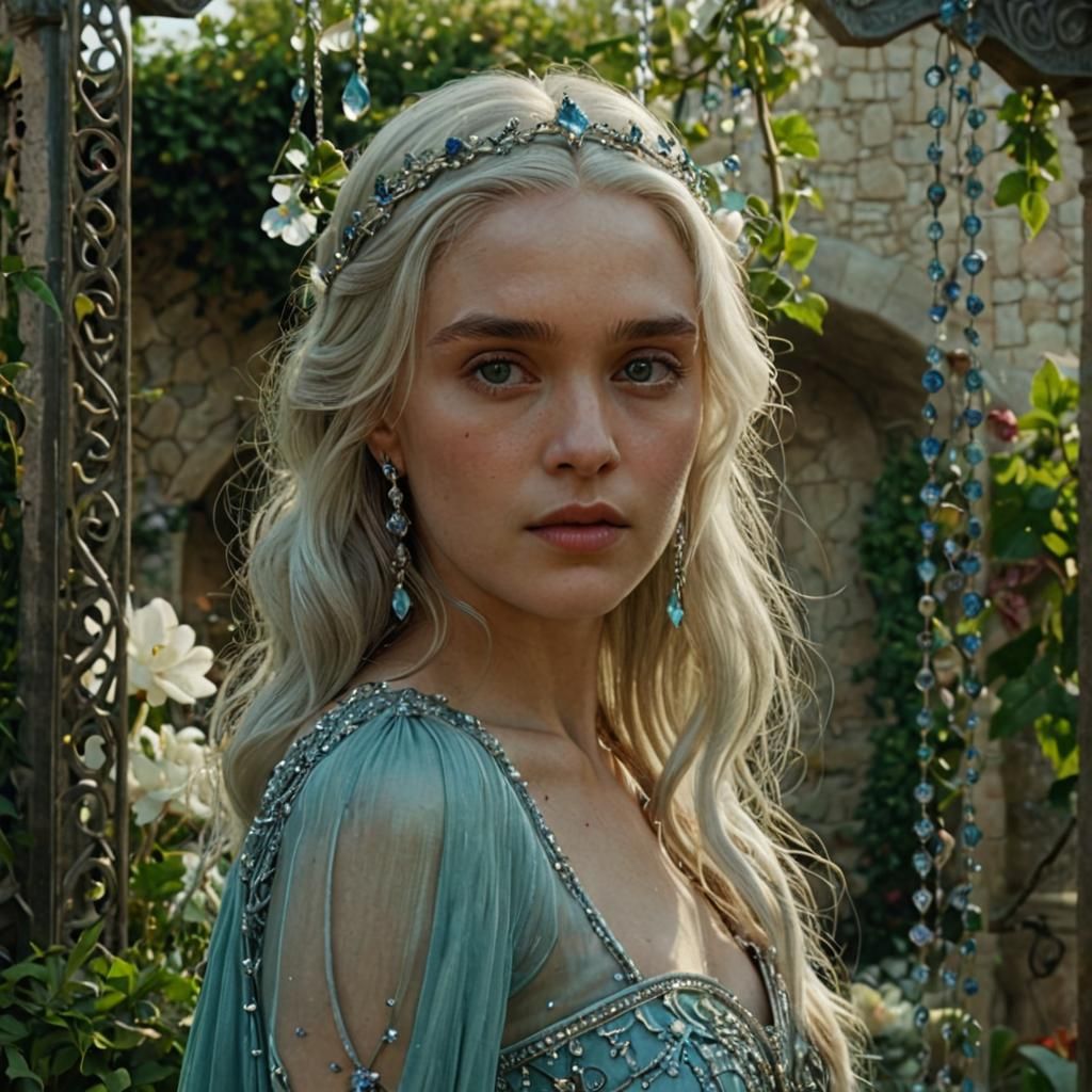 Lady in Royal Dress in Medieval Garden