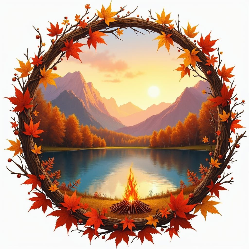 Autumn Lake Landscape with Bonfire in Oil and Watercolor