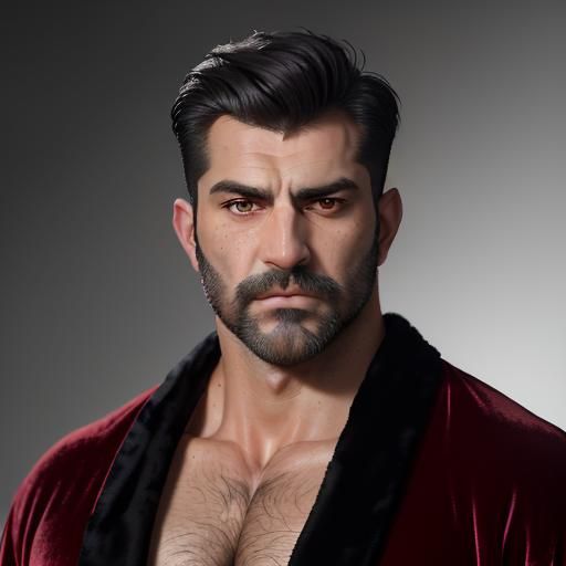 Hirsute Man in Red Velvet Robe as Impasto Painting