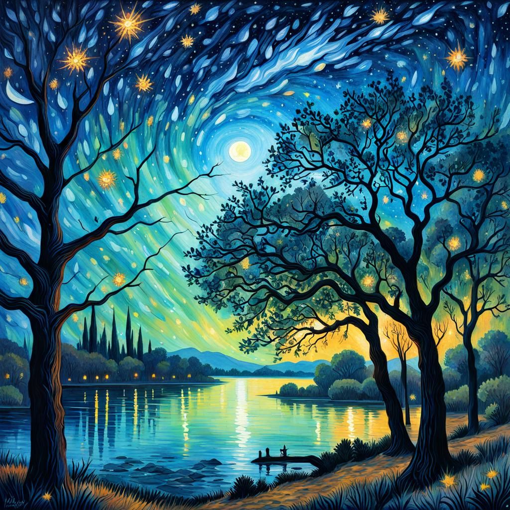 Oak Tree Lake: Gothic Watercolor Starry Night