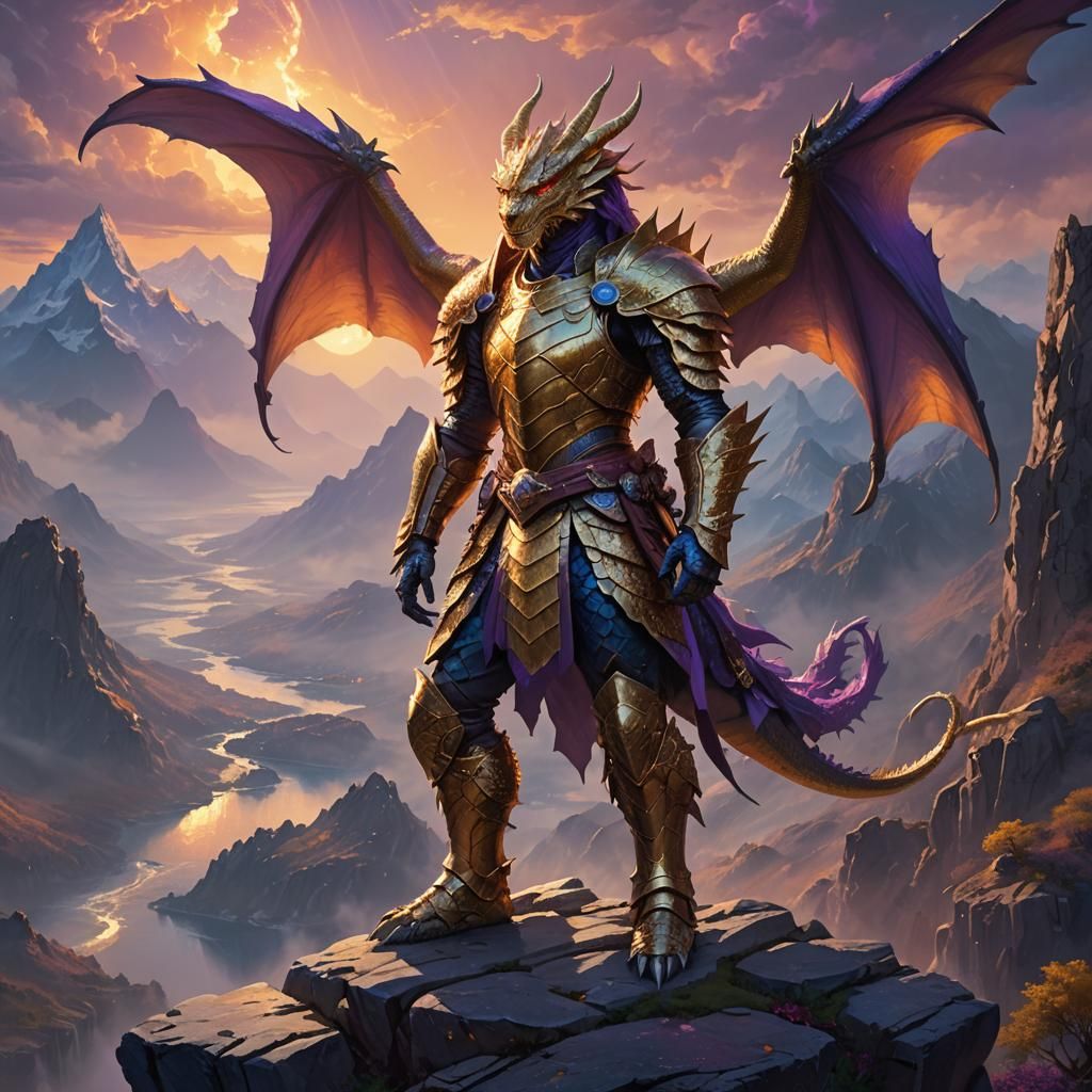 Mystical Warrior on Mountain Ledge in Oil Painting Style