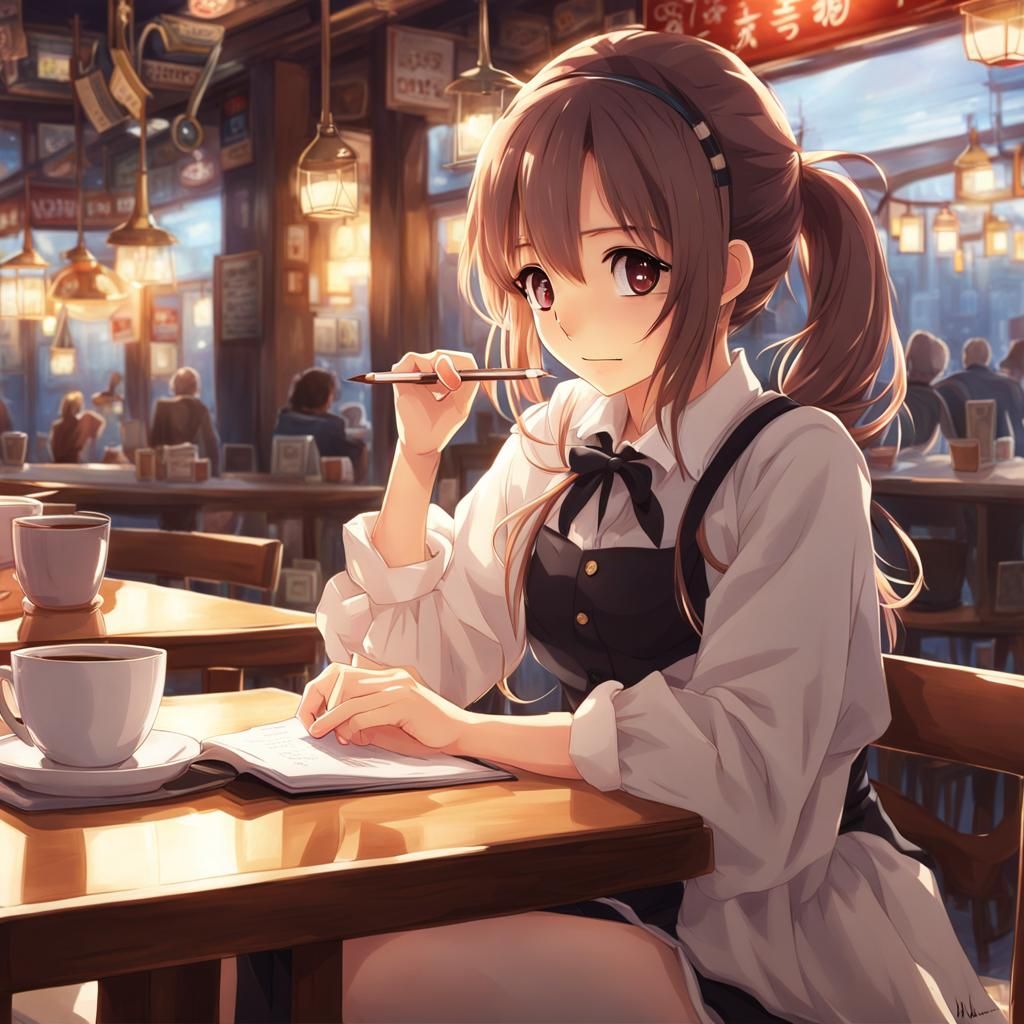 Cute Anime Girl Proofreading in a Cafe