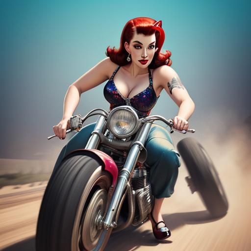 1950s Pin-Up Girl on Hot Rod in Hyperrealistic Style
